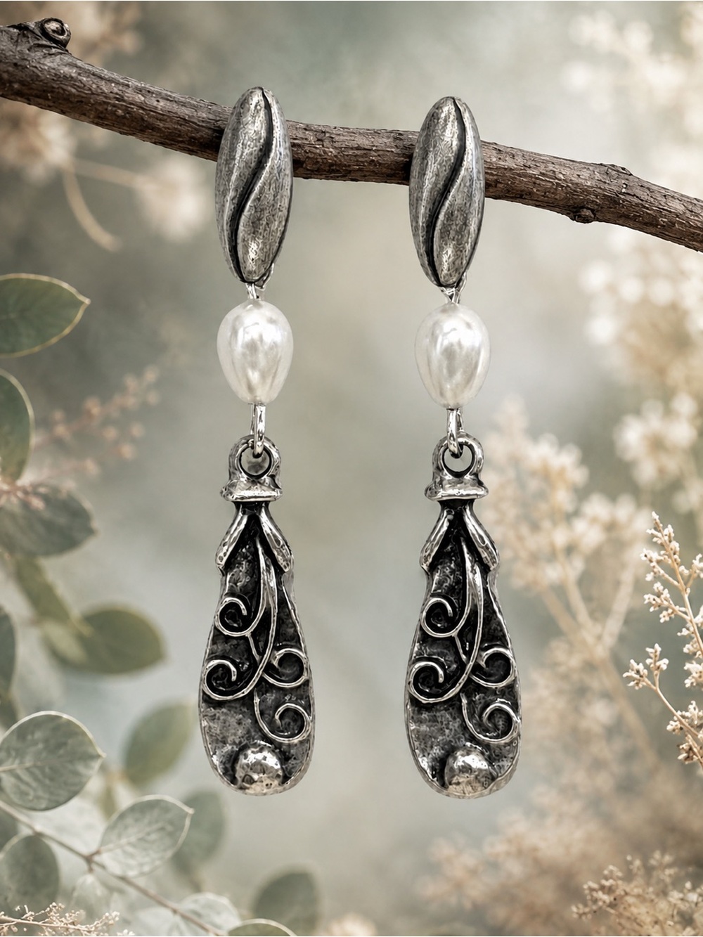 Freshwater Pearl Post Earrings Antiqued Silver Art Nouveau Dangles